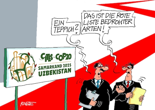 Cartoon: Artenschutz (medium) by RABE tagged merz,union,kanzler,fritze,koalition,spd,klingbeil,bundesregierung,rabe,ralf,böhme,cartoon,karikatur,pressezeichnung,farbcartoon,tagescartoon,trump,putin,krisen,tv,nachrichten,waschmaschine,art,artenschutz,artenschutzabkommen,artenschutzgipfel,gipfeltreffe,samarkand,usbekistan,teppich,liste,bedrohung,schutz,merz,union,kanzler,fritze,koalition,spd,klingbeil,bundesregierung,rabe,ralf,böhme,cartoon,karikatur,pressezeichnung,farbcartoon,tagescartoon,trump,putin,krisen,tv,nachrichten,waschmaschine,art,artenschutz,artenschutzabkommen,artenschutzgipfel,gipfeltreffe,samarkand,usbekistan,teppich,liste,bedrohung,schutz