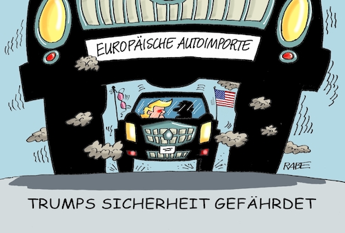 Cartoon: Autoimporte II (medium) by RABE tagged trump,president,usa,gefahr,sicherheitsrisiko,national,auto,pkw,rover,truck,autobahn,merkel,münchen,sicherheitskonferenz,rabe,ralf,böhme,cartoon,karikatur,pressezeichnung,farbcartoon,tagescartoon,landstraße,gefährdung,autohersteller,bmw,vw,mercedes,brüssel,eu,trump,president,usa,gefahr,sicherheitsrisiko,national,auto,pkw,rover,truck,autobahn,merkel,münchen,sicherheitskonferenz,rabe,ralf,böhme,cartoon,karikatur,pressezeichnung,farbcartoon,tagescartoon,landstraße,gefährdung,autohersteller,bmw,vw,mercedes,brüssel,eu