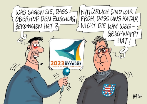 Cartoon: Biathlonweltmeisterschaft (medium) by RABE tagged biathlon,wm,weltmeisterschaft,oberhof,thüringen,zuschlag,austragungsort,wald,schnee,rabe,ralf,böhme,cartoon,karikatur,pressezeichnung,farbcartoon,tagescartoon,interview,bodo,ramelow,ministerpräsident,linke,katar,wüste,fußballweltmeisterschaft,biathlon,wm,weltmeisterschaft,oberhof,thüringen,zuschlag,austragungsort,wald,schnee,rabe,ralf,böhme,cartoon,karikatur,pressezeichnung,farbcartoon,tagescartoon,interview,bodo,ramelow,ministerpräsident,linke,katar,wüste,fußballweltmeisterschaft