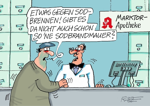 Cartoon: Brandmauer (medium) by RABE tagged ampel,ampelregierung,rot,grün,gelb,fdp,spd,grüne,rabe,ralf,böhme,cartoon,karikatur,pressezeichnung,farbcartoon,tagescartoon,pöbelei,pöbler,bestrafung,regelung,beschimpfung,bundestag,abgeordnete,mauer,brandmauer,sodbrennen,sodbrandmauer,apotheke,apotheker,kunde,rezept,medizin,medikament,ampel,ampelregierung,rot,grün,gelb,fdp,spd,grüne,rabe,ralf,böhme,cartoon,karikatur,pressezeichnung,farbcartoon,tagescartoon,pöbelei,pöbler,bestrafung,regelung,beschimpfung,bundestag,abgeordnete,mauer,brandmauer,sodbrennen,sodbrandmauer,apotheke,apotheker,kunde,rezept,medizin,medikament