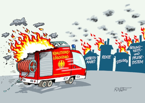 Cartoon: Brenzlige Situation (medium) by RABE tagged merz,kanzler,koalition,union,spd,klingbeil,cartoon,karikatur,pressezeichnung,farbcartoon,tagescartoon,db,bahn,frühling,frühjahr,frühjahrsputz,ice,zug,blumenkasten,blumenkästen,esc,songcontest,bas,sommerpause,reform,rentenreform,gesundheitsreform,arbeitsmarkt,steuern,pflegereform,sozialsystem,urlaub,feuer,feuerwehr,flamme,rauch,brandherd,löschzug,merz,kanzler,koalition,union,spd,klingbeil,cartoon,karikatur,pressezeichnung,farbcartoon,tagescartoon,db,bahn,frühling,frühjahr,frühjahrsputz,ice,zug,blumenkasten,blumenkästen,esc,songcontest,bas,sommerpause,reform,rentenreform,gesundheitsreform,arbeitsmarkt,steuern,pflegereform,sozialsystem,urlaub,feuer,feuerwehr,flamme,rauch,brandherd,löschzug