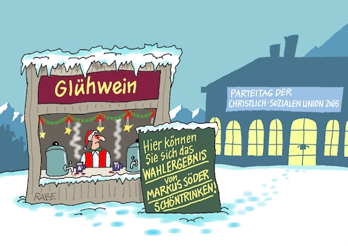 Cartoon: CSU Söderwahl (medium) by RABE tagged merz,union,kanzler,fritze,koalition,spd,klingbeil,bundesregierung,rabe,ralf,böhme,cartoon,karikatur,pressezeichnung,farbcartoon,tagescartoon,trump,putin,krisen,tv,nachrichten,waschmaschine,csu,markus,söder,parteitag,bayern,wiederwahl,wahl,ministerpräsident,münchen,wahlergebnis,klatsche,glühwein,weihnachten,glühweinstand,merz,union,kanzler,fritze,koalition,spd,klingbeil,bundesregierung,rabe,ralf,böhme,cartoon,karikatur,pressezeichnung,farbcartoon,tagescartoon,trump,putin,krisen,tv,nachrichten,waschmaschine,csu,markus,söder,parteitag,bayern,wiederwahl,wahl,ministerpräsident,münchen,wahlergebnis,klatsche,glühwein,weihnachten,glühweinstand