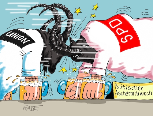 Cartoon: Dickschädel (medium) by RABE tagged merz,kanzler,koalition,union,spd,klingbeil,cartoon,karikatur,pressezeichnung,farbcartoon,tagescartoon,bürokratie,verwaltung,beamte,modernisierung,monster,drachen,schwert,holzschwert,nägel,säge,politik,söder,linke,grüne,fasching,karneval,aschermittwoch,bock,gamsbock,bierkrug,bierseidel,dickkopf,merz,kanzler,koalition,union,spd,klingbeil,cartoon,karikatur,pressezeichnung,farbcartoon,tagescartoon,bürokratie,verwaltung,beamte,modernisierung,monster,drachen,schwert,holzschwert,nägel,säge,politik,söder,linke,grüne,fasching,karneval,aschermittwoch,bock,gamsbock,bierkrug,bierseidel,dickkopf