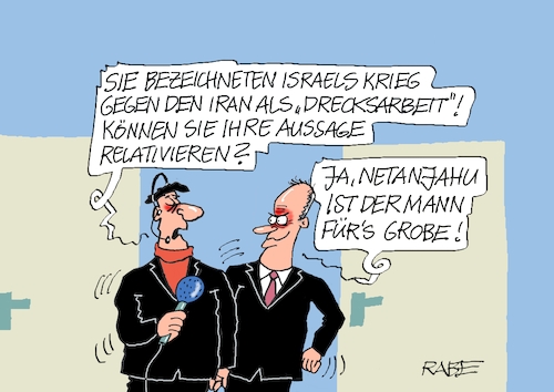 Cartoon: Drecksarbeit (medium) by RABE tagged merz,kanzler,fritze,union,cdu,spd,klingbeil,groko,regierung,bundestag,abstimmung,rab,ralf,böhme,cartoon,karikatur,pressezeichnung,farbcartoon,tagescartoon,interview,fettnapf,israel,iran,krieg,nahost,netanjahu,teheran,mullah,atombombe,drecksarbeit,merz,kanzler,fritze,union,cdu,spd,klingbeil,groko,regierung,bundestag,abstimmung,rab,ralf,böhme,cartoon,karikatur,pressezeichnung,farbcartoon,tagescartoon,interview,fettnapf,israel,iran,krieg,nahost,netanjahu,teheran,mullah,atombombe,drecksarbeit