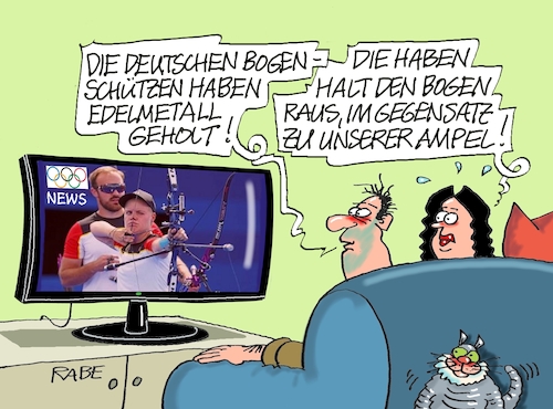 Cartoon: Edelmetall (medium) by RABE tagged olympiade,sommerspiele,sport,paris,cartoon,karikatur,pressezeichnung,farbcartoon,tagescartoon,treppchen,podest,siegerehrung,siegerpodest,hund,herrchen,training,ringe,edelmetall,gold,medaille,bogenschütze,bogenschützen,pfeil,bogen,ampel,ampelregierung,olympiade,sommerspiele,sport,paris,cartoon,karikatur,pressezeichnung,farbcartoon,tagescartoon,treppchen,podest,siegerehrung,siegerpodest,hund,herrchen,training,ringe,edelmetall,gold,medaille,bogenschütze,bogenschützen,pfeil,bogen,ampel,ampelregierung