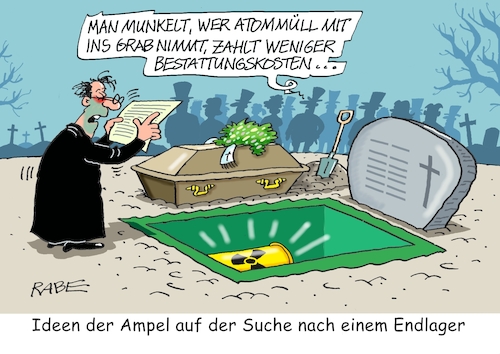 Cartoon: Endlager (medium) by RABE tagged ampel,ampelregierung,rot,grün,gelb,fdp,spd,grüne,rabe,ralf,böhme,cartoon,karikatur,pressezeichnung,farbcartoon,tagescartoon,pöbelei,pöbler,bestrafung,regelung,beschimpfung,bundestag,abgeordnete,endlager,atommüll,radiaoaktivität,fässer,faß,strahlung,friedhof,grab,bestattung,trauerrede,trauergesellschaft,pfarrer,ampel,ampelregierung,rot,grün,gelb,fdp,spd,grüne,rabe,ralf,böhme,cartoon,karikatur,pressezeichnung,farbcartoon,tagescartoon,pöbelei,pöbler,bestrafung,regelung,beschimpfung,bundestag,abgeordnete,endlager,atommüll,radiaoaktivität,fässer,faß,strahlung,friedhof,grab,bestattung,trauerrede,trauergesellschaft,pfarrer