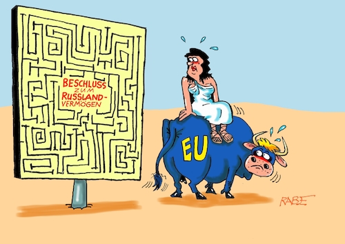 Cartoon: EU irre (medium) by RABE tagged merz,union,kanzler,fritze,koalition,spd,klingbeil,bundesregierung,rabe,ralf,böhme,cartoon,karikatur,pressezeichnung,farbcartoon,tagescartoon,trump,putin,krisen,tv,nachrichten,waschmaschine,eu,europa,brüssel,stier,wüste,irrgarten,labyrinth,russland,geld,russlandgelder,einfrierung,ukraine,merz,union,kanzler,fritze,koalition,spd,klingbeil,bundesregierung,rabe,ralf,böhme,cartoon,karikatur,pressezeichnung,farbcartoon,tagescartoon,trump,putin,krisen,tv,nachrichten,waschmaschine,eu,europa,brüssel,stier,wüste,irrgarten,labyrinth,russland,geld,russlandgelder,einfrierung,ukraine