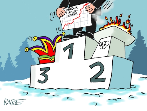 Cartoon: Firmenpleiten (medium) by RABE tagged merz,kanzler,koalition,union,spd,klingbeil,cartoon,karikatur,pressezeichnung,farbcartoon,tagescartoon,bürokratie,verwaltung,beamte,modernisierung,monster,drachen,schwert,holzschwert,nägel,säge,olympia,olympiade,winterspiele,firma,pleite,insolvenz,diagramm,sieger,siegerpodest,feuer,flamme,fasching,karneval,treppchen,sport,wintersport,merz,kanzler,koalition,union,spd,klingbeil,cartoon,karikatur,pressezeichnung,farbcartoon,tagescartoon,bürokratie,verwaltung,beamte,modernisierung,monster,drachen,schwert,holzschwert,nägel,säge,olympia,olympiade,winterspiele,firma,pleite,insolvenz,diagramm,sieger,siegerpodest,feuer,flamme,fasching,karneval,treppchen,sport,wintersport