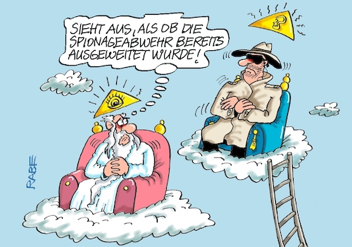 Cartoon: Geheimdienste (medium) by RABE tagged merz,kanzler,koalition,union,spd,klingbeil,cartoon,karikatur,pressezeichnung,farbcartoon,tagescartoon,db,bahn,frühling,frühjahr,frühjahrsputz,ice,zug,blumenkasten,blumenkästen,esc,songcontest,spion,spionage,spionageabwehr,befugnisse,ausweitung,abwehrreaktion,sabotage,bond,cyberangriffe,terroranschläge,himmel,wolke,gott,leiter,merz,kanzler,koalition,union,spd,klingbeil,cartoon,karikatur,pressezeichnung,farbcartoon,tagescartoon,db,bahn,frühling,frühjahr,frühjahrsputz,ice,zug,blumenkasten,blumenkästen,esc,songcontest,spion,spionage,spionageabwehr,befugnisse,ausweitung,abwehrreaktion,sabotage,bond,cyberangriffe,terroranschläge,himmel,wolke,gott,leiter
