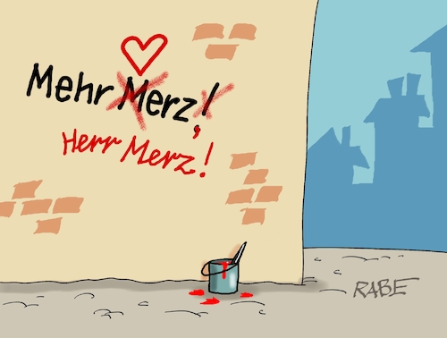 Cartoon: Herz Merz (medium) by RABE tagged merz,kanzler,koalition,union,spd,klingbeil,cartoon,karikatur,pressezeichnung,farbcartoon,tagescartoon,db,bahn,frühling,frühjahr,frühjahrsputz,ice,zug,blumenkasten,blumenkästen,esc,songcontest,umfragetief,umfragewerte,hauswand,graffiti,herz,slogan,wahlspruch,merz,kanzler,koalition,union,spd,klingbeil,cartoon,karikatur,pressezeichnung,farbcartoon,tagescartoon,db,bahn,frühling,frühjahr,frühjahrsputz,ice,zug,blumenkasten,blumenkästen,esc,songcontest,umfragetief,umfragewerte,hauswand,graffiti,herz,slogan,wahlspruch