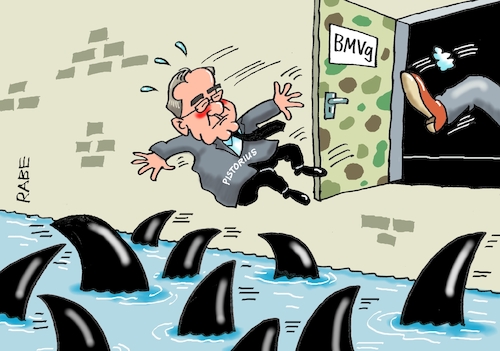 Cartoon: Ins kalte Wasser (medium) by RABE tagged pistorius,boris,verteidigungsminister,lambrecht,rücktritt,ämterwechsel,scholz,bundeswehr,vereidigung,ukrainekrieg,rabe,ralf,böhme,cartoon,karikatur,pressezeichnung,farbcartoon,tagescartoon,hai,haifisch,haifischbecken,tritt,flug,sprung,wasser,haifischflossen,pistorius,boris,verteidigungsminister,lambrecht,rücktritt,ämterwechsel,scholz,bundeswehr,vereidigung,ukrainekrieg,rabe,ralf,böhme,cartoon,karikatur,pressezeichnung,farbcartoon,tagescartoon,hai,haifisch,haifischbecken,tritt,flug,sprung,wasser,haifischflossen