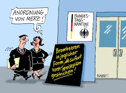 Cartoon: Kantinenessen (medium) by RABE tagged landtagswahl,thüringen,septemper,cdu,afd,mario,voigt,bernd,höcke,tv,duell,fernsehduell,rabe,ralf,böhme,cartoon,karikatur,pressezeichnung,farbcartoon,tagescartoon,sachsen,wechselwähler,friedrich,merz,union,brombeere,beere,brombeerkoalition,bsw,spd,wagenknecht,bundestag,bundestagskantine,kantine,speiseplan,streichung,landtagswahl,thüringen,septemper,cdu,afd,mario,voigt,bernd,höcke,tv,duell,fernsehduell,rabe,ralf,böhme,cartoon,karikatur,pressezeichnung,farbcartoon,tagescartoon,sachsen,wechselwähler,friedrich,merz,union,brombeere,beere,brombeerkoalition,bsw,spd,wagenknecht,bundestag,bundestagskantine,kantine,speiseplan,streichung