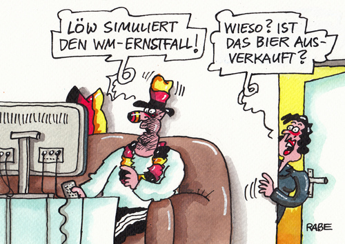 Cartoon: Löw Ernstfall Zwei (medium) by RABE tagged löw,bundestrainer,nationalelf,fußballweltmeiserschaft,fußball,wm,brasilien,stadion,eröffnungsfeier,tor,ball,stürmer,trainer,weltmeistertitel,rabe,ralf,böhme,cartoon,karikatur,pressezeichnung,farbcartoon,fanmeile,bier,ernstfall,ausverkauf,simulation,couch,tv,löw,bundestrainer,nationalelf,fußballweltmeiserschaft,fußball,wm,brasilien,stadion,eröffnungsfeier,tor,ball,stürmer,trainer,weltmeistertitel,rabe,ralf,böhme,cartoon,karikatur,pressezeichnung,farbcartoon,fanmeile,bier,ernstfall,ausverkauf,simulation,couch,tv