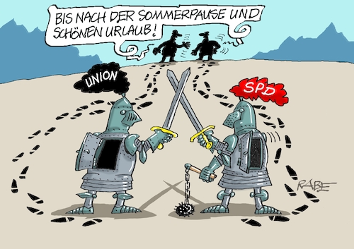 Cartoon: Mach mal Pause (medium) by RABE tagged merz,kanzler,koalition,union,spd,klingbeil,cartoon,karikatur,pressezeichnung,farbcartoon,tagescartoon,db,bahn,frühling,frühjahr,frühjahrsputz,ice,zug,blumenkasten,blumenkästen,esc,songcontest,sommer,sommerpause,urlaub,ritter,ritterrüstung,rüstung,koalitionskrach,zoff,reform,reformpaket,streit,rentenreform,steuerreform,merz,kanzler,koalition,union,spd,klingbeil,cartoon,karikatur,pressezeichnung,farbcartoon,tagescartoon,db,bahn,frühling,frühjahr,frühjahrsputz,ice,zug,blumenkasten,blumenkästen,esc,songcontest,sommer,sommerpause,urlaub,ritter,ritterrüstung,rüstung,koalitionskrach,zoff,reform,reformpaket,streit,rentenreform,steuerreform