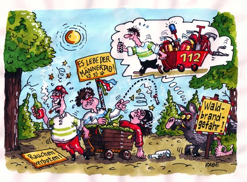 Cartoon: Männertag (medium) by RABE tagged himmelfahrt,männertag,feiertag,wandertag,familientag,wald,waldbrand,waldbrandgefahr,löschen,feuerwehr,feuerlöscher,rauchverbot,rauchen,zigaretten,kippen,glut,glutnester,trockenheit,schaumlöscher,feuerwehrschlauch,blaulicht,alarm,spaten,feuermelder,feuerwache,fw,jugendliche,kinder,ziehwagen,handwagen,feuer,flamme,hitze,sonne,hitzewelle,alkohol,komasaufen,brandwein,schnaps,bier,promille,waldbewohner,wildschwein,wildsau,bache,eber,frischling,würmchen,made,raupe,waldboden,koma,alkoholvergiftung,himmelfahrt,männertag,feiertag,wandertag,familientag,wald,waldbrand,waldbrandgefahr