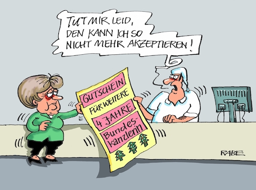 Cartoon: Merkel bröckelt (medium) by RABE tagged grüne,jamaika,sondierungsgespräche,regierungsbildung,amtshandlung,rabe,ralf,böhme,cartoon,karikatur,pressezeichnung,farbcartoon,tagescartoon,merkel,kanzlerin,union,sondierung,umfragewerte,beliebtheit,groko,spd,schulz,bürger,rücktritt,amtszeit,gutschein,gutscheineinlösung,weihnachten,grüne,jamaika,sondierungsgespräche,regierungsbildung,amtshandlung,rabe,ralf,böhme,cartoon,karikatur,pressezeichnung,farbcartoon,tagescartoon,merkel,kanzlerin,union,sondierung,umfragewerte,beliebtheit,groko,spd,schulz,bürger,rücktritt,amtszeit,gutschein,gutscheineinlösung,weihnachten