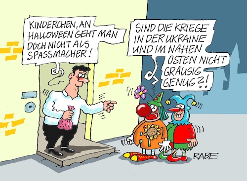 Cartoon: Nicht lustig (medium) by RABE tagged halloween,süßes,saures,kürbis,hexe,gespenst,horror,grusel,rabe,ralf,böhme,cartoon,karikatur,pressezeichnung,farbcartoon,tagescartoon,krieg,ukrainekrieg,nahost,grausamkeit,clown,halloween,süßes,saures,kürbis,hexe,gespenst,horror,grusel,rabe,ralf,böhme,cartoon,karikatur,pressezeichnung,farbcartoon,tagescartoon,krieg,ukrainekrieg,nahost,grausamkeit,clown