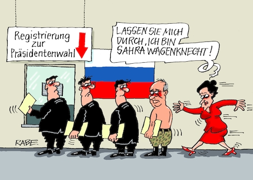 Cartoon: Präsidentenwahl (medium) by RABE tagged wagenknecht,sahra,linke,parteiengründung,verein,bsw,bündnis,abspaltung,rabe,ralf,böhme,cartoon,karikatur,pressezeichnung,farbcartoon,tagescartoon,tür,auflösung,abgrund,fraktion,putin,russland,präsidentenwahl,registrierung,kandidaten,russlandflagge,kommunisten,vordränglerin,warteschlange,wagenknecht,sahra,linke,parteiengründung,verein,bsw,bündnis,abspaltung,rabe,ralf,böhme,cartoon,karikatur,pressezeichnung,farbcartoon,tagescartoon,tür,auflösung,abgrund,fraktion,putin,russland,präsidentenwahl,registrierung,kandidaten,russlandflagge,kommunisten,vordränglerin,warteschlange