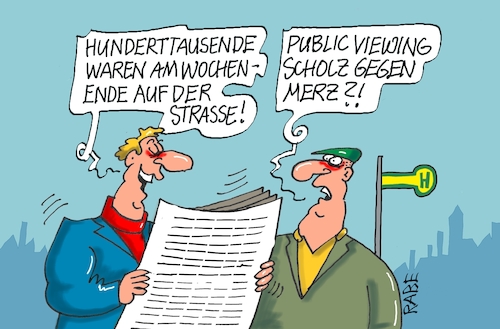 Cartoon: Public Viewing (medium) by RABE tagged ampel,ampelregierung,rot,grün,gelb,fdp,spd,grüne,rabe,ralf,böhme,cartoon,karikatur,pressezeichnung,farbcartoon,tagescartoon,inflation,einkommen,rente,rentenpaket,bruch,streit,neuwahlen,wahlkampf,kanzlerkandidat,merz,scholz,public,viewing,tv,duell,fernsehduell,ard,zdf,rededuell,ampel,ampelregierung,rot,grün,gelb,fdp,spd,grüne,rabe,ralf,böhme,cartoon,karikatur,pressezeichnung,farbcartoon,tagescartoon,inflation,einkommen,rente,rentenpaket,bruch,streit,neuwahlen,wahlkampf,kanzlerkandidat,merz,scholz,public,viewing,tv,duell,fernsehduell,ard,zdf,rededuell