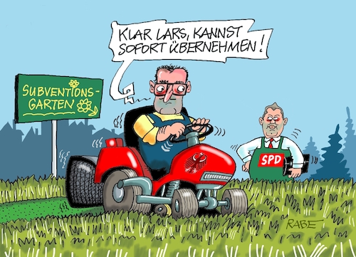Cartoon: Rasenmähermethode (medium) by RABE tagged merz,kanzler,koalition,union,spd,klingbeil,cartoon,karikatur,pressezeichnung,farbcartoon,tagescartoon,db,bahn,frühling,frühjahr,frühjahrsputz,ice,zug,blumenkasten,blumenkästen,esc,songcontest,lars,finanzminister,jens,spahn,rasenmäher,aufsitzer,traktor,rasen,garten,reform,sparmassnahme,subventionen,kürzung,einsparung,kahlschlag,merz,kanzler,koalition,union,spd,klingbeil,cartoon,karikatur,pressezeichnung,farbcartoon,tagescartoon,db,bahn,frühling,frühjahr,frühjahrsputz,ice,zug,blumenkasten,blumenkästen,esc,songcontest,lars,finanzminister,jens,spahn,rasenmäher,aufsitzer,traktor,rasen,garten,reform,sparmassnahme,subventionen,kürzung,einsparung,kahlschlag