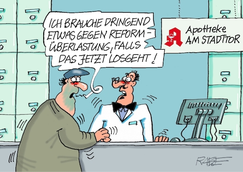 Cartoon: Reformapotheke (medium) by RABE tagged merz,kanzler,koalition,union,spd,klingbeil,cartoon,karikatur,pressezeichnung,farbcartoon,tagescartoon,db,bahn,frühling,frühjahr,frühjahrsputz,ice,zug,blumenkasten,blumenkästen,esc,songcontest,reform,reformen,rentenreform,steuerreform,reformhaus,start,sommerpause,apotheke,apotheker,medizin,merz,kanzler,koalition,union,spd,klingbeil,cartoon,karikatur,pressezeichnung,farbcartoon,tagescartoon,db,bahn,frühling,frühjahr,frühjahrsputz,ice,zug,blumenkasten,blumenkästen,esc,songcontest,reform,reformen,rentenreform,steuerreform,reformhaus,start,sommerpause,apotheke,apotheker,medizin