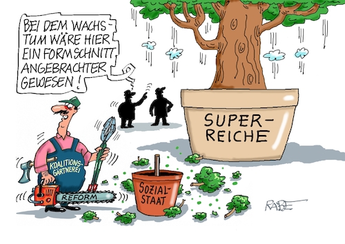 Cartoon: Reformschnitt (medium) by RABE tagged merz,kanzler,koalition,union,spd,klingbeil,cartoon,karikatur,pressezeichnung,farbcartoon,tagescartoon,db,bahn,frühling,frühjahr,frühjahrsputz,ice,zug,blumenkasten,blumenkästen,esc,songcontest,reform,sozialreform,sozialstaat,reiche,superreiche,zunahme,wachstum,gärtner,gärtnerei,formschnitt,heckenschere,astschere,blumentopf,pflanze,superwachstum,millionär,milliardäre,merz,kanzler,koalition,union,spd,klingbeil,cartoon,karikatur,pressezeichnung,farbcartoon,tagescartoon,db,bahn,frühling,frühjahr,frühjahrsputz,ice,zug,blumenkasten,blumenkästen,esc,songcontest,reform,sozialreform,sozialstaat,reiche,superreiche,zunahme,wachstum,gärtner,gärtnerei,formschnitt,heckenschere,astschere,blumentopf,pflanze,superwachstum,millionär,milliardäre