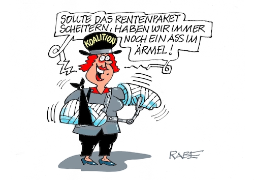 Cartoon: Rentenreform (medium) by RABE tagged merz,union,kanzler,fritze,koalition,spd,klingbeil,bundesregierung,rabe,ralf,böhme,cartoon,karikatur,pressezeichnung,farbcartoon,tagescartoon,trump,putin,krisen,tv,nachrichten,waschmaschine,rente,rentner,rentenpaket,rentenreform,scheitern,gipsarm,verband,stütze,ärmel,ass,merz,union,kanzler,fritze,koalition,spd,klingbeil,bundesregierung,rabe,ralf,böhme,cartoon,karikatur,pressezeichnung,farbcartoon,tagescartoon,trump,putin,krisen,tv,nachrichten,waschmaschine,rente,rentner,rentenpaket,rentenreform,scheitern,gipsarm,verband,stütze,ärmel,ass