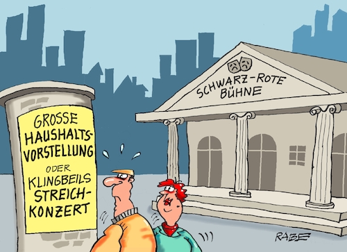 Cartoon: Schauspielhaus Merz (medium) by RABE tagged merz,union,kanzler,fritze,koalition,spd,klingbeil,bundesregierung,rabe,ralf,böhme,cartoon,karikatur,pressezeichnung,farbcartoon,tagescartoon,trump,putin,krisen,tv,nachrichten,haushalt,haushaltsbeschluss,lars,finanzminister,verteidigung,verteidigungsausgaben,kürzung,streichung,streichkonzert,theater,merz,union,kanzler,fritze,koalition,spd,klingbeil,bundesregierung,rabe,ralf,böhme,cartoon,karikatur,pressezeichnung,farbcartoon,tagescartoon,trump,putin,krisen,tv,nachrichten,haushalt,haushaltsbeschluss,lars,finanzminister,verteidigung,verteidigungsausgaben,kürzung,streichung,streichkonzert,theater