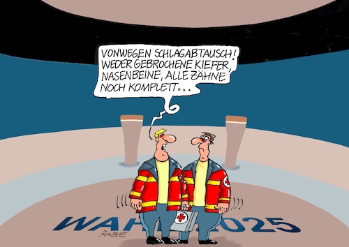 Cartoon: Schlagabtausch (medium) by RABE tagged ampel,ampelregierung,rot,grün,gelb,fdp,spd,grüne,rabe,ralf,böhme,cartoon,karikatur,pressezeichnung,farbcartoon,tagescartoon,inflation,einkommen,rente,rentenpaket,bruch,streit,neuwahlen,duell,tv,fernsehduell,rededuell,notarzt,rettungssanitäter,sanitäter,schlagabtaussch,nasenbein,kiefernbruch,zähne,ampel,ampelregierung,rot,grün,gelb,fdp,spd,grüne,rabe,ralf,böhme,cartoon,karikatur,pressezeichnung,farbcartoon,tagescartoon,inflation,einkommen,rente,rentenpaket,bruch,streit,neuwahlen,duell,tv,fernsehduell,rededuell,notarzt,rettungssanitäter,sanitäter,schlagabtaussch,nasenbein,kiefernbruch,zähne