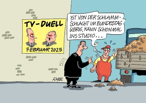 Cartoon: Schlammschlacht nochmal (medium) by RABE tagged ampel,ampelregierung,rot,grün,gelb,fdp,spd,grüne,rabe,ralf,böhme,cartoon,karikatur,pressezeichnung,farbcartoon,tagescartoon,inflation,einkommen,rente,rentenpaket,bruch,streit,neuwahlen,merz,scholz,tv,duell,fernsehduell,schlammschlacht,dreck,mist,wahlkampf,ampel,ampelregierung,rot,grün,gelb,fdp,spd,grüne,rabe,ralf,böhme,cartoon,karikatur,pressezeichnung,farbcartoon,tagescartoon,inflation,einkommen,rente,rentenpaket,bruch,streit,neuwahlen,merz,scholz,tv,duell,fernsehduell,schlammschlacht,dreck,mist,wahlkampf