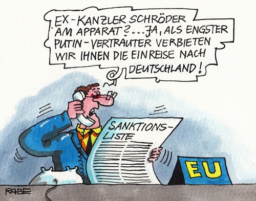 Cartoon: Schrödersanktion Neu (medium) by RABE tagged ukrainekrise,ukraine,arschkriecher,duzfreund,kremlchef,mokau,putin,spd,schröder,gerhard,exkanzler,separatisten,russen,russland,prorussland,kiew,flugzeugabschuss,rabe,ralf,böhme,cartoon,karikatur,pressezeichnung,farbcartoon,tagescartoon,eu,brüssel,sanktionen,usa,wirtschaftssanktionen,ausreiseverbot,einreiseverbot,kontensperrung,exkanzler,gerhard,schröder,spd,putin,mokau,kremlchef,duzfreund,arschkriecher,ukraine,ukrainekrise,separatisten,russen,russland,prorussland,kiew,flugzeugabschuss,rabe,ralf,böhme,cartoon,karikatur,pressezeichnung,farbcartoon,tagescartoon,eu,brüssel,sanktionen,usa,wirtschaftssanktionen,ausreiseverbot,einreiseverbot,kontensperrung