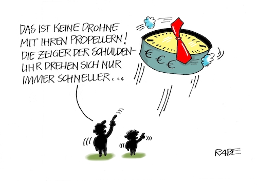 Cartoon: Schuldenuhr (medium) by RABE tagged olaf,scholz,spd,finanzminister,bund,der,steuerzahler,schuldenuhr,finanzamt,rabe,ralf,böhme,cartoon,karikatur,pressezeichnung,farbcartoon,tagescartoon,uhr,propeller,drohne,euro,neuverschuldung,staatshaushalt,olaf,scholz,spd,finanzminister,bund,der,steuerzahler,schuldenuhr,finanzamt,rabe,ralf,böhme,cartoon,karikatur,pressezeichnung,farbcartoon,tagescartoon,uhr,propeller,drohne,euro,neuverschuldung,staatshaushalt