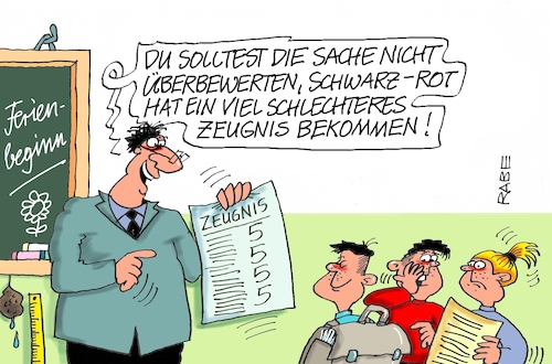 Cartoon: Schwarzrotes Zeugnis (medium) by RABE tagged merz,union,kanzler,fritze,koalition,spd,klingbeil,bundesregierung,rabe,ralf,böhme,cartoon,karikatur,pressezeichnung,farbcartoon,tagescartoon,trump,putin,krisen,tv,nachrichten,bewertung,regierung,schwarzrot,groko,umfragewerte,noten,benotung,schulnoten,zeugnistag,zeugnis,bildung,lehrer,schüler,merz,union,kanzler,fritze,koalition,spd,klingbeil,bundesregierung,rabe,ralf,böhme,cartoon,karikatur,pressezeichnung,farbcartoon,tagescartoon,trump,putin,krisen,tv,nachrichten,bewertung,regierung,schwarzrot,groko,umfragewerte,noten,benotung,schulnoten,zeugnistag,zeugnis,bildung,lehrer,schüler
