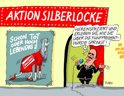 Cartoon: Silberlocke (medium) by RABE tagged ampel,ampelregierung,rot,grün,gelb,fdp,spd,grüne,rabe,ralf,böhme,cartoon,karikatur,pressezeichnung,farbcartoon,tagescartoon,inflation,einkommen,rente,rentenpaket,bruch,streit,neuwahlen,wahlkampf,bundestagswahl,gysi,ramelow,aktion,silberlocke,fünfprozenthürde,ampel,ampelregierung,rot,grün,gelb,fdp,spd,grüne,rabe,ralf,böhme,cartoon,karikatur,pressezeichnung,farbcartoon,tagescartoon,inflation,einkommen,rente,rentenpaket,bruch,streit,neuwahlen,wahlkampf,bundestagswahl,gysi,ramelow,aktion,silberlocke,fünfprozenthürde