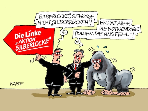 Cartoon: Silberrücken (medium) by RABE tagged ampel,ampelregierung,rot,grün,gelb,fdp,spd,grüne,rabe,ralf,böhme,cartoon,karikatur,pressezeichnung,farbcartoon,tagescartoon,inflation,einkommen,rente,rentenpaket,bruch,streit,neuwahlen,linke,parteitag,halle,neuwahl,parteispitze,aktion,silberlocke,ramelow,gysi,bartsch,gorilla,silberrücken,power,ampel,ampelregierung,rot,grün,gelb,fdp,spd,grüne,rabe,ralf,böhme,cartoon,karikatur,pressezeichnung,farbcartoon,tagescartoon,inflation,einkommen,rente,rentenpaket,bruch,streit,neuwahlen,linke,parteitag,halle,neuwahl,parteispitze,aktion,silberlocke,ramelow,gysi,bartsch,gorilla,silberrücken,power