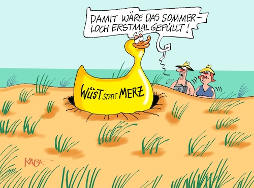 Cartoon: Sommerloch (medium) by RABE tagged merz,kanzler,koalition,union,spd,klingbeil,cartoon,karikatur,pressezeichnung,farbcartoon,tagescartoon,db,bahn,frühling,frühjahr,frühjahrsputz,ice,zug,blumenkasten,blumenkästen,esc,songcontest,kanzlertausch,wüst,neuwahl,see,strand,ostsee,düne,sommer,sommerloch,ente,zeitungsente,merz,kanzler,koalition,union,spd,klingbeil,cartoon,karikatur,pressezeichnung,farbcartoon,tagescartoon,db,bahn,frühling,frühjahr,frühjahrsputz,ice,zug,blumenkasten,blumenkästen,esc,songcontest,kanzlertausch,wüst,neuwahl,see,strand,ostsee,düne,sommer,sommerloch,ente,zeitungsente