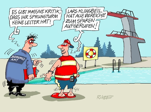 Cartoon: Sparzwang (medium) by RABE tagged merz,kanzler,koalition,union,spd,klingbeil,cartoon,karikatur,pressezeichnung,farbcartoon,tagescartoon,db,bahn,frühling,frühjahr,frühjahrsputz,ice,zug,blumenkasten,blumenkästen,esc,songcontest,finanzminister,einsparung,sparmaßnahme,haushalt,reform,rente,ellterngeld,beamtenvergünstigung,bad,freibad,schwimmbad,sprungbrett,leiter,sprungturm,ordnungsamt,merz,kanzler,koalition,union,spd,klingbeil,cartoon,karikatur,pressezeichnung,farbcartoon,tagescartoon,db,bahn,frühling,frühjahr,frühjahrsputz,ice,zug,blumenkasten,blumenkästen,esc,songcontest,finanzminister,einsparung,sparmaßnahme,haushalt,reform,rente,ellterngeld,beamtenvergünstigung,bad,freibad,schwimmbad,sprungbrett,leiter,sprungturm,ordnungsamt