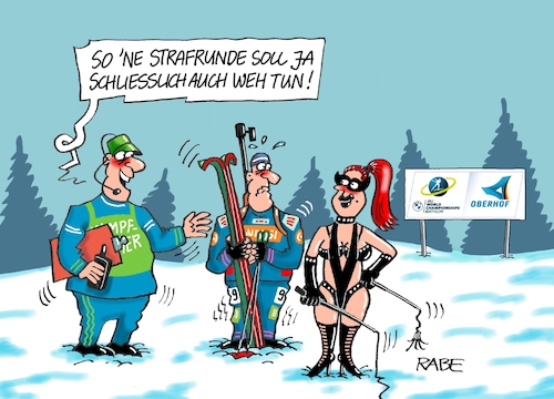 Cartoon: Strafrunden (medium) by RABE tagged biathlon,weltcup,oberhof,dauerregen,regen,schneemangel,wintersport,rabe,ralf,böhme,cartoon,karikatur,farbcartoon,pressezeichnung,tagescartoon,medaille,medaillenregen,deutschland,medaillenspiegel,sado,maso,masochisten,strafrunde,biathlon,weltcup,oberhof,dauerregen,regen,schneemangel,wintersport,rabe,ralf,böhme,cartoon,karikatur,farbcartoon,pressezeichnung,tagescartoon,medaille,medaillenregen,deutschland,medaillenspiegel,sado,maso,masochisten,strafrunde