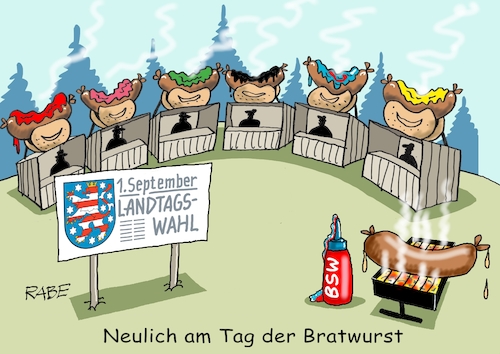 Cartoon: Tag der Bratwurst (medium) by RABE tagged landtagswahl,thüringen,septemper,cdu,afd,mario,voigt,bernd,höcke,tv,duell,fernsehduell,rabe,ralf,böhme,cartoon,karikatur,pressezeichnung,farbcartoon,tagescartoon,bratwurst,roster,rostbratwurst,semmel,brötchen,bratwurstbude,rost,grill,senf,landtagswahl,thüringen,septemper,cdu,afd,mario,voigt,bernd,höcke,tv,duell,fernsehduell,rabe,ralf,böhme,cartoon,karikatur,pressezeichnung,farbcartoon,tagescartoon,bratwurst,roster,rostbratwurst,semmel,brötchen,bratwurstbude,rost,grill,senf