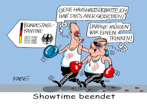 Cartoon: The Show must go on (medium) by RABE tagged ampelregierung,scholz,spd,grüne,fdp,lindner,kinder,kindergrundsicherung,rabe,ralf,böhme,cartoon,karikatur,pressezeichnung,farbcartoon,tagescartoon,hausmeister,ohren,zähne,debatte,haushaltsdebatte,bundestag,deutschlandpakt,merz,boxhandschuhe,augenklappe,kantine,blut,verletzungen,ampelregierung,scholz,spd,grüne,fdp,lindner,kinder,kindergrundsicherung,rabe,ralf,böhme,cartoon,karikatur,pressezeichnung,farbcartoon,tagescartoon,hausmeister,ohren,zähne,debatte,haushaltsdebatte,bundestag,deutschlandpakt,merz,boxhandschuhe,augenklappe,kantine,blut,verletzungen