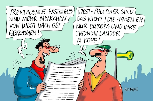 Cartoon: Trendwende II (medium) by RABE tagged landtagswahlen,landtag,bundesländer,wähler,thüringen,sachsen,rabe,ralf,böhme,cartoon,karikatur,pressezeichnung,farbcartoon,tagescartoon,baukasten,bau,bauhaus,weimar,trend,trendwende,ostländer,westpolitiker,wahlkampf,besuch,zuzug,abwanderung,wahlergebnisse,landtagswahlen,landtag,bundesländer,wähler,thüringen,sachsen,rabe,ralf,böhme,cartoon,karikatur,pressezeichnung,farbcartoon,tagescartoon,baukasten,bau,bauhaus,weimar,trend,trendwende,ostländer,westpolitiker,wahlkampf,besuch,zuzug,abwanderung,wahlergebnisse