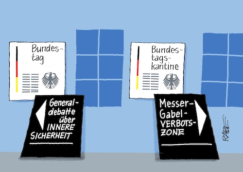 Cartoon: Verbotszone (medium) by RABE tagged ampel,ampelregierung,rot,grün,gelb,fdp,spd,grüne,rabe,ralf,böhme,cartoon,karikatur,pressezeichnung,farbcartoon,tagescartoon,pöbelei,pöbler,bestrafung,regelung,beschimpfung,bundestag,abgeordnete,debatte,generaldebatte,sicherheit,sicherheitspaket,messerangriff,solingen,messerverbot,verbotszone,essbesteck,kantine,bundestagskantine,ampel,ampelregierung,rot,grün,gelb,fdp,spd,grüne,rabe,ralf,böhme,cartoon,karikatur,pressezeichnung,farbcartoon,tagescartoon,pöbelei,pöbler,bestrafung,regelung,beschimpfung,bundestag,abgeordnete,debatte,generaldebatte,sicherheit,sicherheitspaket,messerangriff,solingen,messerverbot,verbotszone,essbesteck,kantine,bundestagskantine