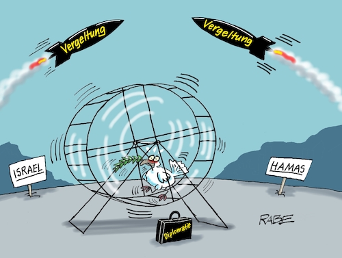 Cartoon: vergeltungsschläge (medium) by RABE tagged israel,palästina,palästinenser,iran,flächenbrand,drohnenangriff,eskalation,rabe,ralf,böhme,cartoon,karikatur,pressezeichnung,farbcartoon,tagescartoon,hamsterrad,laufrad,taube,friedenstaube,ölzweig,koffer,diplomatie,vergeltung,libanon,israel,palästina,palästinenser,iran,flächenbrand,drohnenangriff,eskalation,rabe,ralf,böhme,cartoon,karikatur,pressezeichnung,farbcartoon,tagescartoon,hamsterrad,laufrad,taube,friedenstaube,ölzweig,koffer,diplomatie,vergeltung,libanon