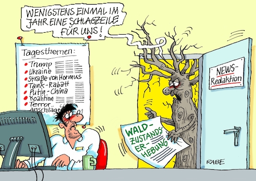Cartoon: Waldzustandserhebung (medium) by RABE tagged merz,kanzler,koalition,union,spd,klingbeil,cartoon,karikatur,pressezeichnung,farbcartoon,tagescartoon,db,bahn,frühling,frühjahr,frühjahrsputz,ice,zug,blumenkasten,blumenkästen,esc,songcontest,wald,waldzustand,forst,waldschäden,baum,redaktion,nachrichten,medien,journalist,presse,merz,kanzler,koalition,union,spd,klingbeil,cartoon,karikatur,pressezeichnung,farbcartoon,tagescartoon,db,bahn,frühling,frühjahr,frühjahrsputz,ice,zug,blumenkasten,blumenkästen,esc,songcontest,wald,waldzustand,forst,waldschäden,baum,redaktion,nachrichten,medien,journalist,presse