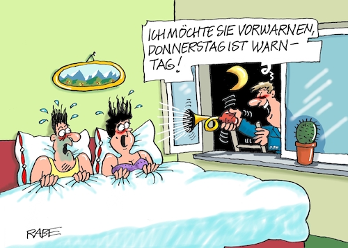Cartoon: Warntag (medium) by RABE tagged merz,kanzler,koalition,union,spd,klingbeil,cartoon,karikatur,pressezeichnung,farbcartoon,tagescartoon,db,bahn,frühling,frühjahr,frühjahrsputz,ice,zug,blumenkasten,blumenkästen,esc,songcontest,warntag,sirene,warnsignal,test,schlafzimmer,ehepaar,bett,fenster,leiter,hupe,vorwarnung,merz,kanzler,koalition,union,spd,klingbeil,cartoon,karikatur,pressezeichnung,farbcartoon,tagescartoon,db,bahn,frühling,frühjahr,frühjahrsputz,ice,zug,blumenkasten,blumenkästen,esc,songcontest,warntag,sirene,warnsignal,test,schlafzimmer,ehepaar,bett,fenster,leiter,hupe,vorwarnung