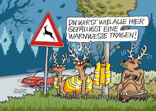 Cartoon: Warnwestenwechsel (medium) by RABE tagged ampel,ampelregierung,rot,grün,gelb,fdp,spd,grüne,rabe,ralf,böhme,cartoon,karikatur,pressezeichnung,farbcartoon,tagescartoon,inflation,einkommen,rente,rentenpaket,bruch,streit,neuwahlen,wild,wildwechsel,klimawandel,warnweste,hirsch,reh,verkehrszeichen,pkw,autofahrer,herbst,ampel,ampelregierung,rot,grün,gelb,fdp,spd,grüne,rabe,ralf,böhme,cartoon,karikatur,pressezeichnung,farbcartoon,tagescartoon,inflation,einkommen,rente,rentenpaket,bruch,streit,neuwahlen,wild,wildwechsel,klimawandel,warnweste,hirsch,reh,verkehrszeichen,pkw,autofahrer,herbst