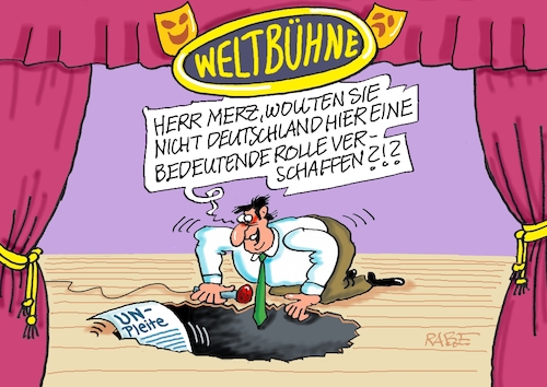 Cartoon: Weltbühne (medium) by RABE tagged merz,kanzler,koalition,union,spd,klingbeil,cartoon,karikatur,pressezeichnung,farbcartoon,tagescartoon,db,bahn,frühling,frühjahr,frühjahrsputz,ice,zug,blumenkasten,blumenkästen,esc,songcontest,außenminister,außenpolitik,weltbühne,wadepuhl,niederlage,wahl,un,sicherheitsrat,loch,abgrund,merz,kanzler,koalition,union,spd,klingbeil,cartoon,karikatur,pressezeichnung,farbcartoon,tagescartoon,db,bahn,frühling,frühjahr,frühjahrsputz,ice,zug,blumenkasten,blumenkästen,esc,songcontest,außenminister,außenpolitik,weltbühne,wadepuhl,niederlage,wahl,un,sicherheitsrat,loch,abgrund