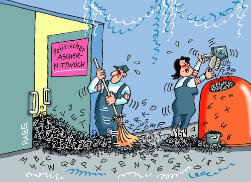 Cartoon: Wortsalat (medium) by RABE tagged merz,kanzler,koalition,union,spd,klingbeil,cartoon,karikatur,pressezeichnung,farbcartoon,tagescartoon,bürokratie,verwaltung,beamte,modernisierung,monster,drachen,schwert,holzschwert,nägel,säge,afd,cdu,csu,linke,aschermittwoch,politik,worthülsen,phrasen,müll,besen,müllcontainer,fasching,karneval,merz,kanzler,koalition,union,spd,klingbeil,cartoon,karikatur,pressezeichnung,farbcartoon,tagescartoon,bürokratie,verwaltung,beamte,modernisierung,monster,drachen,schwert,holzschwert,nägel,säge,afd,cdu,csu,linke,aschermittwoch,politik,worthülsen,phrasen,müll,besen,müllcontainer,fasching,karneval