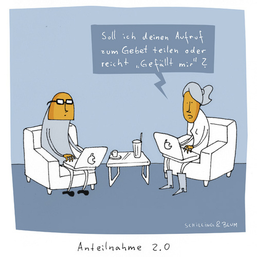 Cartoon: Sprachlos (medium) by Schilling  Blum tagged beten,facebook,apple,anteilnahme,laptop