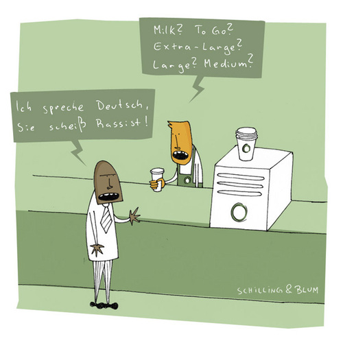 Cartoon: Sprachprobleme (medium) by Schilling  Blum tagged coffeeshop,starbucks,sprache,missverständnis,englisch